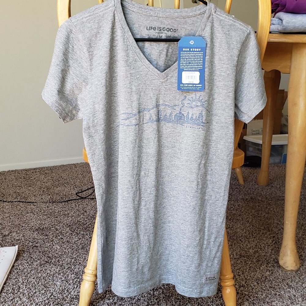 Life is Good Lt. grey women's v neck tee shirt